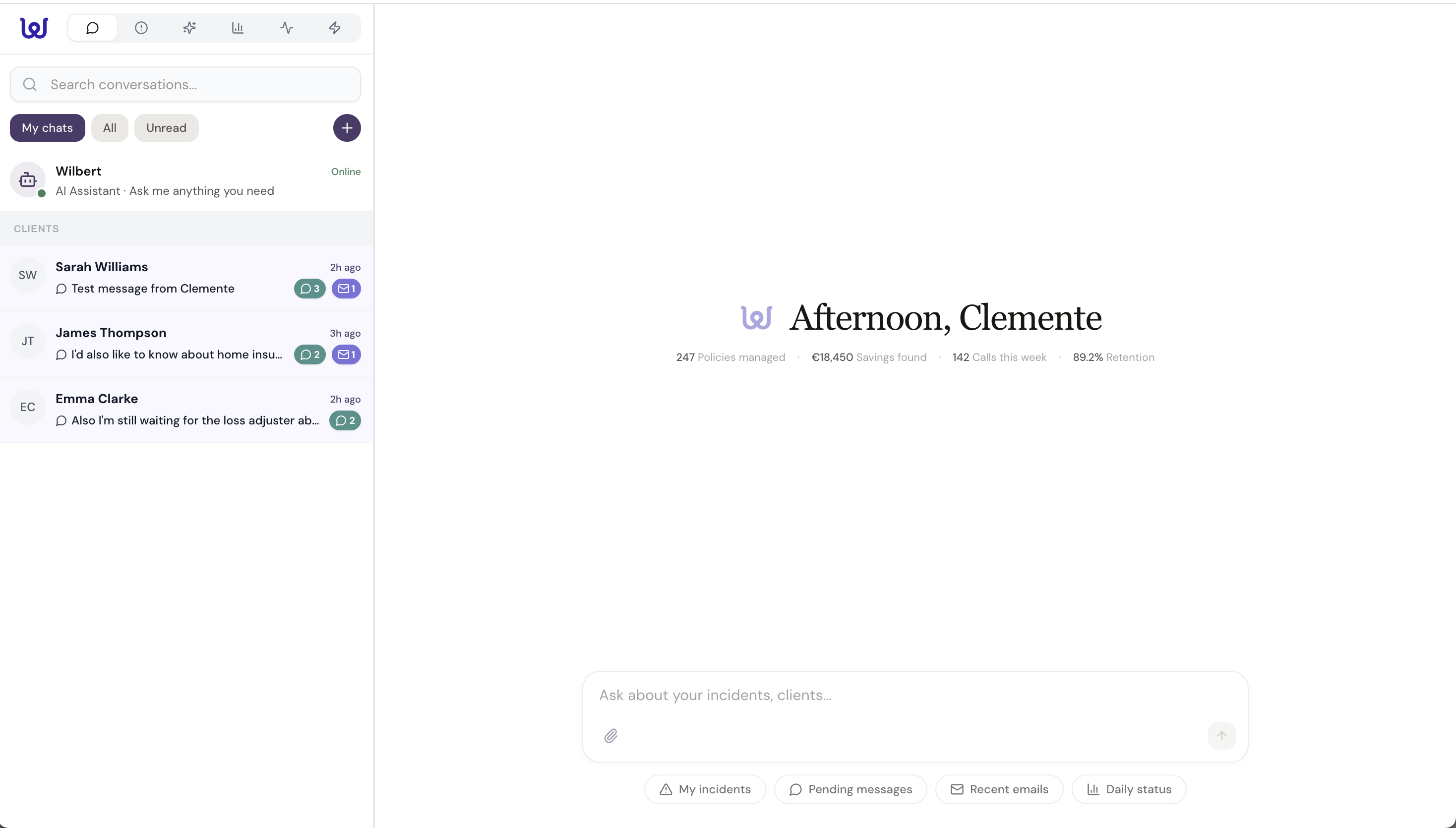 Wilbert command centre — dashboard with 247 policies, 142 calls this week, 89.2% retention